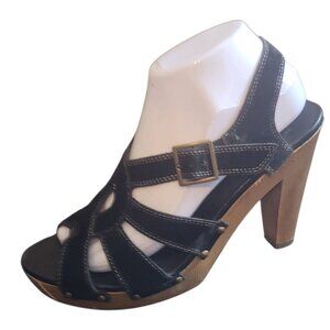 Vintage LEI Swirl Black Womens Faux Wood 4.5" High Heel Sandals Shoes Size 9